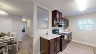 Located at 6539 Pegram Farm Rd in Lewisville, NC, this single-story 2-bedroom, 2-bathroom home offers a thoughtfully designed layout with consistent, modern finishes throughout. Wood-look luxury vinyl flooring flows seamlessly across all rooms, lending a clean and cohesive aesthetic to the entire space.

The living room is bright and welcoming, featuring a ceiling fan with light, neutral-toned walls, and a glass door that fills the room with natural light while providing outdoor views. The kitchen is a standout, equipped with rich dark cabinetry, granite-style countertops, black appliances, and a pass-through window that opens to the adjacent hallway, enhancing the open feel of the home.

The primary bedroom is comfortably sized, featuring a ceiling fan, a window with natural light, and the same warm flooring found throughout. The second bedroom is equally well-lit with a window and ceiling fixture, offering versatile use of space. Both bathrooms mirror the kitchen's design aesthetic, featuring dark vanity cabinetry, granite-style countertops, large mirrors, and tub-shower combinations. Connecting hallways keep the layout functional and easy to navigate, with a dedicated closet providing convenient storage.