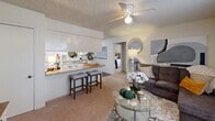 This 570 square foot apartment in Conway, AR offers a thoughtfully designed living space. The galley-style kitchen showcases white cabinetry, wood-tone countertops, and a breakfast bar with seating for two. The living area seamlessly connects to the kitchen, creating an open-concept feel enhanced by a ceiling fan for comfort.

The bathroom features a shower/tub combination with sliding glass doors, a single vanity, and stylish gold accents. Both bedrooms are equipped with ceiling fans and closet space. The primary bedroom, measuring 130 square feet, provides ample room for a queen-sized bed and additional furnishings.

Throughout the apartment, a neutral color palette with white walls creates a bright, airy atmosphere. The flooring varies between carpeting in the bedrooms and living area, and wood-look flooring in the kitchen and bathroom. Decorative elements such as modern artwork, mirrors, and plants add personality to the space.

Additional features include a pantry for extra storage, window treatments for privacy, and in-unit climate control. The efficient layout maximizes the available space, making this apartment an ideal option for those seeking a cozy yet functional living environment.