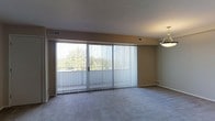 This single-floor space centers around a spacious, open living area finished with neutral wall-to-wall carpeting that lends a warm, understated feel underfoot. The most prominent feature of the room is the expansive wall of floor-to-ceiling sliding glass doors fitted with vertical blinds, which can be adjusted to control light and privacy. These doors open onto a balcony that overlooks a lush canopy of mature trees, bringing a natural, green backdrop into the interior throughout the day. Natural light filters generously into the living space through this large glazed wall, keeping the room feeling airy and open.

The ceiling is smooth and finished in a neutral tone, complemented by a centrally positioned overhead light fixture that provides ambient illumination. Visible HVAC vents are integrated into both the ceiling and lower wall areas, ensuring consistent climate control throughout the space. The walls are painted in a soft, neutral beige, contributing to a calm and versatile aesthetic. Overall, the space offers a clean, functional layout with an emphasis on natural light and outdoor connectivity through its prominent balcony access.