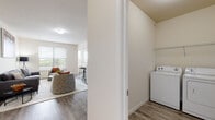 This single-floor residence offers a thoughtfully designed layout that balances comfort and functionality across a variety of well-appointed spaces. The living room is bright and welcoming, with large windows that invite abundant natural light and views of the surrounding greenery. Wood-style flooring flows through the main living areas, lending warmth and cohesion to the open feel of the space.

The kitchen features rich wood cabinetry, granite-style countertops, and a full suite of white appliances including a refrigerator, range, microwave, and dishwasher. Adjacent to the kitchen, a sun-drenched dining nook is framed by multiple windows, creating an airy and pleasant space for meals.

The two bedrooms are carpeted for comfort and filled with natural light. The primary bedroom stands out with vaulted ceilings, a ceiling fan, and direct access to a spacious walk-in closet with wire shelving. A second bedroom also offers good light and easy access to the full bathroom, which includes a soaking tub and shower, wood-toned vanity cabinetry, and hardwood-style flooring.

A dedicated laundry room with side-by-side washer and dryer hookups adds everyday convenience. Throughout, the neutral color palette and clean finishes create a calm, move-in-ready atmosphere.