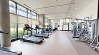 Located at 3250 W 66th St in Edina, Minnesota, this well-appointed fitness center offers a generous, open exercise space designed to support a comprehensive workout experience. The room is defined by soaring ceilings and expansive floor-to-ceiling windows that line the exterior walls, flooding the interior with natural light and providing pleasant views of surrounding greenery and the outdoors.

The cardio zone is extensively equipped with multiple treadmills, elliptical trainers, stair climbers, and stationary bikes, all positioned to take advantage of the outward-facing window views. The strength training area features a robust selection of cable machines, a power rack, and a full dumbbell rack, offering options for a wide range of resistance exercises. Large wall mirrors in the strength zone enhance the sense of space and support proper form during workouts.

The flooring throughout is a neutral, textured material that provides both comfort and durability underfoot. Sleek pendant lighting runs along the ceiling, complementing the recessed fixtures above and contributing to a modern, clean aesthetic. The overall ambiance is bright, airy, and contemporary, creating an inviting environment well-suited for daily exercise. Stone accent walls add a warm architectural detail that contrasts tastefully with the room's otherwise minimalist design.
