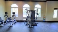 This fitness center is a purpose-built exercise facility designed to support a well-rounded workout experience. The space is defined by its striking arched windows, which line the upper portion of the walls and flood the room with abundant natural light, creating an open and energizing atmosphere.

The flooring consists of durable dark rubber matting, ideal for fitness activities and providing both safety and sound absorption throughout the space. A central multi-station cable and weight machine serves as the focal point of the facility, offering a versatile range of strength training exercises including lat pulldowns, leg extensions, and cable movements. Complementing the strength equipment, a stationary cardio bike is positioned to one side, providing aerobic training options.

Along the wall, a vertical medicine ball rack holds a selection of weighted balls, adding functional training capabilities to the facility. The light-toned walls contribute to the bright, clean aesthetic of the space, while dark wood trim accents add a refined architectural touch.

The overall ambiance is practical and well-organized, making it suitable for a variety of fitness routines. The combination of natural light, quality equipment, and thoughtful layout makes this fitness center a functional and inviting space for exercise.