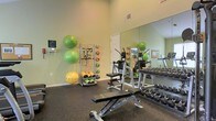 This fitness center offers a thoughtfully organized workout space designed to accommodate a variety of exercise needs. The room features soaring ceilings that create an open, airy atmosphere, complemented by soft green walls that contribute to a calm and focused environment. Large wall-mounted mirrors span one side of the room, enhancing the sense of space while allowing users to monitor their form during exercise. The flooring is finished with durable dark rubber matting, ideal for high-impact activities and heavy equipment use. Strength training is well-supported with a rack of varied dumbbells and a dedicated adjustable weight bench. A multi-function strength machine provides options for a range of resistance exercises. Functional training equipment is prominently featured, including a well-stocked rack holding stability balls in multiple sizes, resistance bands, medicine balls, and foam rollers — catering to flexibility, balance, and core training. A treadmill is also visible, rounding out the cardio offerings. The space is efficiently laid out to maximize usability, with equipment organized to allow clear movement between stations. Overall, this fitness center provides a comprehensive and well-maintained environment suitable for users of varying fitness levels.