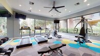 This fitness center offers a comprehensive workout environment designed with both functionality and aesthetics in mind. The space is defined by expansive floor-to-ceiling windows along multiple walls, flooding the interior with natural light and providing views of the surrounding lush landscaping, palm trees, and a pool area beyond. A ceiling fan with recessed lighting overhead ensures comfortable air circulation throughout workouts.

The flooring features a distinctive geometric-patterned carpet in grey, teal, and yellow tones, adding a modern, energetic visual character to the space. A large wall mirror on one side visually expands the room while aiding users during strength training exercises.

Cardio equipment is well-represented, with multiple TRUE-brand treadmills, an Octane elliptical trainer, a spin bike, and a stair-climbing machine positioned to take advantage of the outdoor views. A multi-station cable machine provides a broad range of resistance training options, while a dedicated free weights area offers a full rack of dumbbells and medicine balls alongside a flat workout bench. Wall-mounted flat-screen televisions are positioned throughout for entertainment during workouts. The fitness center is accessed through glass-paneled double doors, contributing to an open, transparent feel throughout.