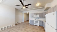 Located at 417 N 15th Street in Allentown, PA, this one-bedroom, one-bathroom unit offers a well-organized, single-floor layout designed for comfortable everyday living. Light hardwood-style flooring flows consistently throughout, creating a cohesive and clean aesthetic across all rooms.

The kitchen is a standout feature, equipped with gray shaker-style cabinetry that extends to the upper walls, providing generous storage. White appliances — including a range, microwave, dishwasher, and refrigerator — complement the bright white countertops. The open layout allows the kitchen to connect naturally to the living area, which benefits from a ceiling fan with integrated lighting.

The generously sized primary bedroom offers ample floor space, a ceiling fan, a closet, and baseboard heating. Neutral gray-toned walls and the consistent flooring keep the room feeling bright and versatile.

The bathroom is finished with white fixtures, including a single-sink vanity, a toilet, and a full tub-shower combination. Light flooring and neutral wall tones carry through here as well, maintaining a clean and uniform look throughout the unit.

Overall, the space presents a fresh, modern interior with practical finishes suited for efficient, comfortable living in the heart of Allentown.