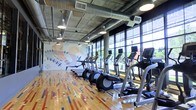This fitness center showcases a compelling blend of industrial and contemporary design elements. The exposed concrete ceiling with visible ductwork and conduit gives the space an urban, warehouse-inspired aesthetic, complemented by pendant-style industrial lighting that provides warm, functional illumination throughout.

A defining feature of the space is the expansive floor-to-ceiling window wall along one side, flooding the interior with abundant natural light and offering open views of the surrounding greenery. This connection to the outdoors enhances the energy of the workout environment.

The equipment layout is well-organized, with a row of treadmills and elliptical machines positioned to face the windows, allowing users to enjoy the exterior views during cardio sessions. Each machine is equipped with an individual monitor for entertainment or workout tracking.

The hardwood flooring features a distinctive multi-colored pattern with blue, red, and natural wood tones, adding a dynamic visual element underfoot. Anchoring the opposite wall is a large-scale artistic mural with an abstract, nature-inspired design, providing a creative focal point that enlivens the space and reinforces its modern character.