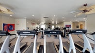 This fitness center offers a comprehensive workout environment designed to accommodate a wide range of exercise needs. The space is laid out on a single floor, with a spacious open floor plan that allows for easy navigation between equipment stations. Rows of TRUE brand treadmills anchor the cardio section at the front, providing ample options for aerobic exercise. Further into the space, a variety of strength training and multi-use machines are arranged to maximize usable floor area. The interior is finished with a textured ceiling equipped with recessed lighting and ceiling fans, ensuring the space remains well-lit and comfortable during workouts. Light-colored walls and neutral carpeted flooring contribute to a clean, inviting atmosphere. A window toward the rear of the facility allows natural light to filter in, enhancing the overall brightness of the room. Decorative touches, including collegiate pennants and an Ole Miss banner, give the space a spirited, community-oriented character. The thoughtful arrangement of equipment and the well-maintained environment make this fitness center a functional and motivating place for residents or members to pursue their health and wellness goals.