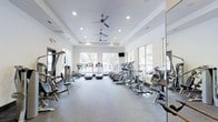 This single-level fitness center offers a spacious and well-organized workout environment designed to accommodate a variety of exercise routines. The room is bathed in natural light streaming through large windows along the perimeter, providing views of surrounding trees and creating an open, inviting atmosphere. Recessed lighting and dual ceiling fans ensure the space remains bright and well-ventilated throughout. The neutral color palette, featuring white walls and light grey flooring, contributes to a clean and modern aesthetic. A tray ceiling adds an architectural detail that enhances the sense of height and spaciousness. Floor-to-ceiling mirrors line one wall, visually expanding the room while allowing users to monitor their form. The equipment layout is thoughtfully arranged, with a dedicated row of cardio machines—including treadmills, ellipticals, stair climbers, and stationary bikes—positioned near the windows. Strength training equipment is situated along the opposite side of the room, offering options for a comprehensive full-body workout. A wall-mounted television provides entertainment during sessions. The overall ambiance is bright, airy, and professional.