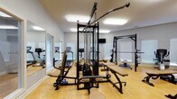 This fitness center is a comprehensively equipped, single-floor facility designed to support a wide range of workout routines. The space features light hardwood flooring throughout, neutral gray walls, and flush-mounted ceiling lighting that creates a bright, functional atmosphere. Multiple windows dressed with white horizontal blinds allow natural light to fill the room while maintaining privacy.

The strength-training area is well-stocked, including a multi-station cable machine, a power rack with a flat bench, a dumbbell rack with varying weights, and adjustable benches. Cardio equipment includes True-brand treadmills, a stationary bike, and an elliptical trainer, positioned to make efficient use of the available floor space. A stability ball and additional accessories round out the functional fitness offerings.

Large wall-mounted mirrors along one side visually expand the space and allow users to monitor their form during exercise. Wall-mounted flat-screen televisions are positioned throughout the room for entertainment during workouts. The entrance features a glass-paneled door, contributing to the open, airy feel of the facility. Overall, the fitness center provides a clean, organized, and versatile environment suited for both cardiovascular and resistance training needs.