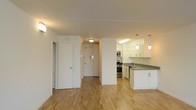 Located at 389 South End Ave in Battery Park City, Manhattan, this single-floor residence offers a clean, modern aesthetic defined by an open-concept layout and thoughtful design details. The living area features warm, light-toned hardwood flooring that extends seamlessly throughout the space, creating a cohesive and inviting atmosphere. Bright white walls and a smooth ceiling with flush-mounted lighting contribute to an airy, well-lit environment. The kitchen is a standout feature, outfitted with white cabinetry, dark countertops, and stainless steel appliances including a range and microwave. A peninsula with pendant lighting provides additional counter space and a natural boundary between the kitchen and living areas, making it well-suited for both cooking and casual dining. The entryway is defined by a set of interior doors that offer access to additional rooms, maintaining a sense of organization and flow within the space. The overall layout is efficient and functional, making excellent use of the available square footage while keeping the design uncluttered and contemporary. Battery Park City is known for its planned community feel, green spaces, and waterfront access, adding significant value to this well-appointed residence.