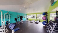 This fitness center is a fully equipped exercise facility designed to support a wide range of workout routines. The space is immediately striking thanks to its bold color scheme, with vivid teal and lime green walls that create an energetic and motivating atmosphere throughout. A vaulted ceiling with recessed lighting and a ceiling fan enhances the sense of openness and ensures comfortable airflow during workouts.

The cardio zone features multiple treadmills positioned along a wall of large windows, offering pleasant views of outdoor greenery and allowing ample natural light to fill the room. Stationary and upright exercise bikes are also available for low-impact cardiovascular training.

Strength training is well represented, with a multi-station cable machine, dedicated weight benches, and a full rack of dumbbells spanning a wide range of sizes. A collection of exercise and stability balls in multiple sizes is neatly stored on a dedicated rack, supporting flexibility and core training. Wall-mounted mirrors expand the sense of space and allow users to monitor their form during exercise.

Dark rubber flooring covers the entire workout area, providing safety, durability, and noise absorption. A wall-mounted flat-screen television adds an entertainment option for users. Motivational fitness-themed typography adorns one of the teal accent walls, reinforcing the facility's focus on health and wellness.