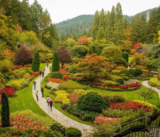 Butchart Botanical Garden with plenty of visitors on looping walkways.