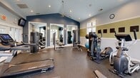 Located at 401 Elizabeth Sarah Blvd in Greer, SC, this well-appointed fitness center offers a thoughtfully designed workout environment within a compact, single-room footprint. The space features vaulted ceilings accented by recessed lighting and a ceiling fan, creating an open and airy atmosphere despite its modest size.

The interior is finished with a two-tone color scheme — bold navy blue accent walls paired with soft sage green textured wallcovering — separated by crisp white chair rail molding. Durable speckled rubber flooring covers the entire workout area, providing both safety and easy maintenance.

Large framed wall mirrors are strategically placed to visually expand the space and allow users to monitor their form during exercise. Multiple windows fitted with white horizontal blinds line the walls, flooding the room with natural light and offering views of the surrounding greenery.

The fitness center is equipped with a diverse selection of machines, including treadmills, a stair climber, an elliptical, and cable weight machines for strength training. A free-weight rack with a full set of dumbbells is tucked neatly into a corner, complemented by stability balls. Built-in white shelving along one wall provides convenient storage. Wall-mounted televisions enhance the workout experience, rounding out this efficient and fully functional fitness facility.