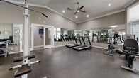 Located at 300 Riverwood Ln in Roswell, Georgia, this fitness center offers a well-appointed single-floor exercise space designed to support a comprehensive workout experience. The room features vaulted ceilings accented with crown molding, recessed lighting, and a ceiling fan that contribute to an open and airy atmosphere. Large frosted-glass windows and paneled glass doors allow diffused natural light to fill the space while maintaining privacy.

The flooring throughout is durable dark rubber, ideal for high-traffic athletic use. Full-length mirrored walls run along multiple sides of the room, visually expanding the space and aiding in exercise form checks. A prominent exposed brick accent wall adds a touch of architectural character.

The facility is comprehensively equipped with a variety of cardio machines, including treadmills, upright and recumbent stationary bikes, and an elliptical trainer. For strength training, the room includes a multi-station cable machine by Hoist, a tiered dumbbell rack with a full range of free weights, a flat workout bench, and additional resistance equipment. A wall-mounted television provides entertainment during workouts. The space is thoughtfully arranged to maximize both equipment capacity and open floor space, making it a functional and inviting fitness destination.