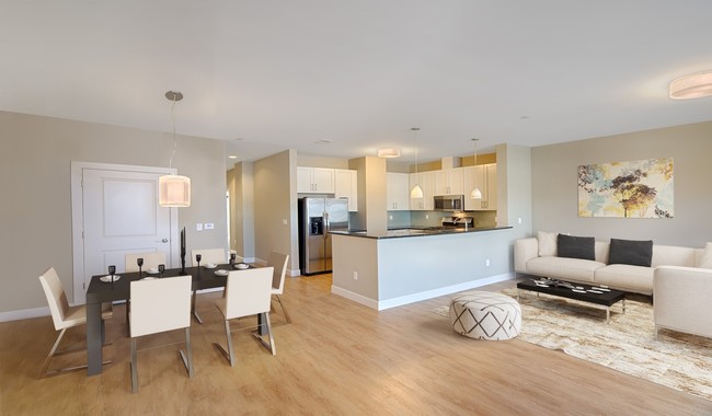 Spacious living rooms feature wood flooring throughout and open to kitchen - Axiom Apartments