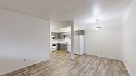Located at 3802 N Flowing Wells Rd in Tucson, Arizona, this single-floor unit offers a clean, functional layout designed for comfortable everyday living. The open-concept living and dining area is finished with durable wood-look plank flooring and neutral white walls, creating a bright and versatile space. A pendant light fixture adds a subtle decorative touch overhead.

The kitchen is directly accessible from the living area and is well-appointed with gray cabinetry extending to the upper walls for ample storage, white laminate countertops, a double-basin stainless steel sink, and white appliances including a range, dishwasher, and refrigerator. The wood-look flooring continues seamlessly throughout this space.

The bedroom is a generously sized, quiet retreat featuring soft gray carpeting, a window with vertical blinds that allows natural light, a wall-mounted HVAC unit for individual climate control, and a sliding-door closet with a built-in shelf and hanging rod.

The bathroom is straightforward and clean, featuring a full-size tub and shower combination with white tile surround and chrome fixtures, complemented by neutral tiling underfoot. Overall, the unit presents a tidy, move-in-ready environment with a practical and cohesive aesthetic throughout.