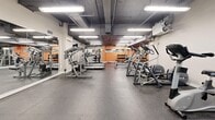 Located at 100 Parkway Forest Dr in Toronto's Parkway Forest neighbourhood, this fitness centre offers a comprehensive workout environment across a generously sized, open-concept floor plan. The space features durable rubber flooring throughout, providing both safety and comfort during exercise. Exposed ductwork and piping run along the dark-painted ceiling, lending the facility an industrial character, while bright fluorescent lighting ensures the entire area is well illuminated.

The facility is organized into distinct workout zones. A dedicated cardio area houses elliptical trainers, stationary bikes, and treadmills, offering a variety of aerobic options. The strength training section is equipped with cable machines, weight benches, and multi-functional resistance stations, complemented by full-length wall mirrors that enhance the sense of space and allow users to monitor their form. A free weights zone features a well-stocked dumbbell rack set against a bold orange accent wall, adding a vibrant focal point to the room.

A functional training area provides stability balls in assorted sizes, resistance bands, and accessories neatly organized on a dedicated rack, catering to flexibility and core conditioning workouts. The facility is accessed through frosted glass doors and includes practical amenities such as hand sanitizer dispensers. The overall ambiance is utilitarian and purposeful, designed to support a wide range of fitness activities.