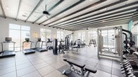 Located at 1575 Camino Altezza in Chula Vista, California, this single-story fitness center is designed to provide a comprehensive and motivating workout environment. The space is defined by its striking architectural details, including exposed dark beam ceilings set against crisp white surfaces, ceiling fans, and large floor-to-ceiling windows that flood the interior with abundant natural light and offer views of the surrounding community.

The fitness floor is organized into distinct functional zones. The cardio area features a full lineup of TRUE-brand treadmills, ellipticals, stair climbers, and stationary bikes, each equipped with individual digital screens. A bold athletic mural anchors one end of the cardio zone, adding an energizing visual element. The strength training section is equally well-appointed, offering cable machines, multi-functional weight stations, a dumbbell rack with mirrors, and adjustable benches.

The flooring transitions between large-format tile and rubberized fitness surfaces suited to each zone. Vibrant teal accent walls provide pops of color throughout, contributing to a modern and dynamic atmosphere. Entry to the facility is through glass-paneled doors, offering a clean and welcoming transition into the space. Overall, the fitness center delivers a bright, spacious, and fully equipped environment well-suited for a wide range of training needs.