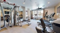 Located in South Ogden, Utah, this dedicated fitness center offers a fully outfitted exercise space designed to support a wide range of workout routines. The room features light-toned flooring with accent mat sections, textured ceilings, and recessed lighting complemented by a large ceiling fan that promotes air circulation throughout.

The space is comprehensively stocked with cardio equipment, including multiple treadmills and elliptical machines, providing ample options for aerobic training. A multi-station cable machine supports a variety of strength and resistance exercises, while an adjustable weight bench adds further versatility. A full rack of dumbbells lines one wall, catering to free weight training needs. Medicine balls on a dedicated rack round out the functional fitness offerings.

A large wall mirror expands the sense of space and allows users to monitor their form during workouts. Workout reference charts are posted on the walls for instructional guidance. A built-in water fountain ensures convenient hydration. Natural light fills the room through large windows that offer views of the surrounding outdoor area, including what appears to be a pool and neighboring buildings, connecting the interior to the broader community setting. The overall atmosphere is clean, functional, and well-organized, making this fitness center a practical and inviting space for daily exercise.
