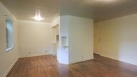 This single-floor space presents a straightforward, functional layout centered around an open living area with rich, dark hardwood flooring that extends throughout. A prominent central wall divides the space, creating a natural separation between the living area and the kitchen beyond. This dividing wall features a decorative built-in niche, adding a subtle architectural detail to an otherwise minimalist design.

The kitchen is partially visible beyond the dividing wall, showcasing white cabinetry and a tiled backsplash, offering a clean and practical workspace. The entry door is positioned to one side of the living area, providing convenient access to the main space.

Overhead, flush-mount lighting provides consistent illumination across the living area, complementing the neutral white walls that create a bright, clean aesthetic throughout. Baseboards trim the perimeter of the space, adding a finished look to the flooring transitions. The overall design is simple and understated, offering a blank canvas that can accommodate a variety of furnishing and décor styles. The open floor plan maximizes the usable area, making the space feel functional and adaptable.