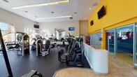 Located at 9225 W Charleston Blvd in Las Vegas, Nevada, this fitness center offers a comprehensive workout environment designed to support a full range of exercise routines. The space is single-level and thoughtfully laid out, with distinct zones for both cardiovascular and strength training activities. Large arched windows along the perimeter flood the interior with abundant natural light and provide views of the surrounding outdoor greenery, creating an open and energizing atmosphere. The flooring transitions from rubber matting in the workout areas to tile near the entry, providing both functionality and durability. The facility is equipped with a variety of cardio machines, including treadmills, ellipticals, and stationary bikes, as well as a comprehensive selection of selectorized strength machines and free weights. Wall-mounted televisions are positioned throughout the space for entertainment during workouts. A bold yellow accent wall adds visual energy to the interior, complementing the bright, modern aesthetic. A reception or check-in counter near the entrance features glass partitioning, offering a welcoming point of entry. The high ceilings and mirrored walls enhance the sense of spaciousness, making the facility feel expansive and well-ventilated throughout.