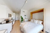 Unit 812 at 169 Canal St in Providence, Rhode Island offers a thoughtfully designed, single-floor residence that maximizes every square foot with a clean, modern aesthetic. The main living area features light hardwood flooring, crisp white walls, and track lighting throughout, creating a bright and airy atmosphere. A standout feature is the built-in Murphy bed framed in warm wood cabinetry, offering a seamless blend of form and function. Large floor-to-ceiling windows flood the room with natural light and provide sweeping views of the Providence cityscape and surrounding greenery — a notable highlight on the 8th floor. A dedicated workspace with a desk area adds practical versatility to the room. The galley-style kitchen is efficiently appointed with white cabinetry reaching to the ceiling, dark granite countertops, stainless steel appliances including a microwave, dishwasher, and refrigerator, and a double-basin sink. A sliding barn door adds a contemporary touch to the entryway. The bathroom features a white vanity with dark granite countertop, an undermount sink, a large mirror with overhead lighting, and minimalist décor. Overall, the unit delivers a cohesive, modern living experience in the heart of Providence.