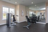 Located at 700 SR-96 E in Bonaire, Georgia, this single-floor fitness center is thoughtfully designed to support a comprehensive workout experience. The space features durable rubber flooring throughout, providing safety and comfort during exercise sessions.

The cardio zone is well-appointed with multiple treadmills, elliptical trainers, and stationary bikes, each equipped with individual display screens. Large multi-pane windows line the walls, flooding the area with natural light and offering views of the surrounding neighborhood and outdoor landscape.

The strength training section includes a cable crossover machine, a selection of selectorized weight machines for targeted muscle training, and a full dumbbell rack with a wide range of free weights. A wall-length mirror in the free weights area enhances the sense of space and allows users to monitor their form during workouts.

Recessed lighting is installed throughout the ceiling, ensuring consistent illumination across all areas of the gym. A wall-mounted television is positioned in the strength training zone for entertainment. The warm, neutral-toned walls contribute to an inviting atmosphere, while in-ceiling speakers suggest built-in audio capabilities. The space is well-ventilated with visible HVAC vents and maintains a clean, organized layout suited for a community fitness facility.