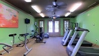 This dedicated fitness center is designed to support a well-rounded workout experience within a compact yet functional layout. The room is finished with vibrant green walls that create an energetic atmosphere, complemented by carpeted flooring that adds comfort underfoot. Overhead, dual ceiling fans work in tandem with a bank of fluorescent light fixtures to ensure excellent air circulation and consistent, bright illumination throughout the space. A wall-mounted flat-screen television provides entertainment during workouts, adding a convenient amenity for users. The equipment selection is comprehensive, featuring a row of treadmills along one side for cardiovascular training, alongside a stationary bike and a multi-function strength training machine that allows for a variety of resistance exercises. A stability ball rounds out the offering for core and flexibility work. At the far end of the room, a set of classic French doors flanked by windows floods the space with natural light and provides views of the surrounding greenery, creating an open and inviting feel. The overall design balances functionality with comfort, making this fitness center a practical and pleasant environment for daily exercise.
