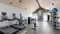Located at 300 Gatehouse Ln in Odenton, Maryland, this well-appointed fitness center offers a spacious, single-floor layout designed to support a full range of workout routines. The room's most striking architectural feature is its soaring vaulted ceiling clad in light-toned wood paneling, which lends a warm, modern aesthetic while creating an open, airy atmosphere. Recessed and pendant lighting throughout ensures excellent visibility at all hours.

The cardio zone is equipped with multiple treadmills featuring integrated display screens, an elliptical trainer, a stair climber, and stationary cycling bikes, providing diverse options for cardiovascular training. A dedicated strength area houses a multi-station cable machine, a Smith machine with a bench press setup, and a comprehensive rack of dumbbells arranged on a tiered stand, catering to both free-weight and machine-based resistance training.

Large windows and glass-panel doors line the perimeter, flooding the space with natural light and offering views of the surrounding exterior. Full-length mirrors are strategically placed to enhance spatial perception and support proper form during exercise. The floors are finished with durable rubber gym flooring throughout, ensuring safety and comfort. An accent wall in deep green with tasteful artwork adds a refined, contemporary touch to the overall design.