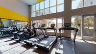 This contemporary two-story fitness center is designed to inspire and energize, combining high-end equipment with striking visual design elements. The space is defined by its bold yellow and white color palette, large-scale motivational murals — including a dynamic athlete graphic and the wall-painted phrase "You Are Your Only Limit" — and an open, airy atmosphere created by soaring double-height ceilings and expansive floor-to-ceiling windows that flood the interior with natural light and offer views of the surrounding outdoor areas.

The main cardio floor features a well-equipped row of treadmills and elliptical machines positioned directly in front of wide windows, maximizing the sense of openness during workouts. Adjacent to the cardio zone, a dedicated strength training area offers a comprehensive selection of Hoist cable machines, weight benches, and resistance equipment, set against rubberized sport flooring and accented by bold graphic wall art.

The second floor, accessible via a central staircase with glass railings, provides additional workout space with an elevated vantage point overlooking the main floor below. A separate functional training studio features hardwood-style flooring, large wall mirrors, battle ropes, medicine balls, and free weights, offering a versatile space ideal for dynamic and group-style training sessions.