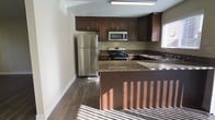This two-story home offers a thoughtfully designed layout that balances functionality and style. The kitchen stands out as a central feature, showcasing rich, dark wood cabinetry that extends to the upper walls, providing ample storage space. Granite countertops with warm, earthy tones run throughout, complementing the stainless steel appliance suite that includes a refrigerator, range, and over-the-range microwave. A kitchen peninsula extends the counter space, offering additional prep area and a natural divide between the kitchen and adjoining living spaces. Dark hardwood flooring flows throughout, adding warmth and a cohesive aesthetic to the interior. Natural light filters in through the windows, illuminating the space and highlighting the contrast between the dark cabinetry and the neutral wall tones. The overall design palette—featuring deep wood finishes, stone countertops, and classic hardware—creates a timeless and inviting atmosphere. Spanning two floors, the home provides distinct zones for living and private quarters, offering both comfort and practicality for everyday living.