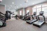 Located at 910 Sipp Ave in East Patchogue, NY, this dedicated fitness center offers a well-organized and generously proportioned workout space designed to support a full range of exercise routines. The room features warm neutral-toned walls, crown molding, and recessed lighting that create a polished, upscale atmosphere. Patterned carpet covers much of the floor, with hardwood-style flooring accenting the free weights area, adding both comfort and visual contrast.

Natural light flows in through multiple plantation-shuttered windows, including a prominent arched window that serves as a focal architectural detail. The cardio zone is well-equipped with dual treadmills, an elliptical trainer, a stair climber, and stationary bikes. A strength training section includes a squat/power rack with a bench, a rowing machine, stability balls, and a full rack of dumbbells in graduated weights. Medicine ball storage and adjustable benches round out the functional training options.

A wall-mounted flat-screen television adds entertainment value, while the thoughtful layout ensures ample circulation space between equipment stations. The space flows through a set of clean white panel doors, suggesting access to adjacent amenities. Overall, this fitness center combines practical functionality with refined finishes, making it a standout facility.