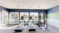 Located at 1666 W Cumberland Rd in Tyler, Texas, this single-floor fitness center offers a well-equipped exercise space designed to support a comprehensive workout routine. The room features a distinctive tri-color striped wall design in navy blue, sage green, and white, complemented by recessed ceiling lighting and neutral patterned carpet flooring throughout.

The cardio section is outfitted with multiple treadmills, an elliptical trainer, and a stationary spin bike, each positioned to take advantage of the large, multi-pane windows that line one wall and provide views of an outdoor pool and pergola area, allowing natural light to fill the space. A wall-mounted television adds entertainment options during cardio sessions.

The strength training area includes a full cable machine system, a rack of dumbbells ranging across multiple weight increments, a weight bench, and a dedicated mirror wall that visually expands the room and assists with form. Decorative abstract artwork adorns the walls, adding a modern aesthetic touch. The space is accessed via both a standard door and a set of French doors, offering convenient entry and exit. Overall, this fitness center is thoughtfully designed to balance functionality with a clean, modern ambiance.