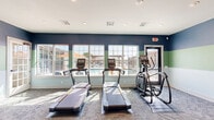 Located at 1666 W Cumberland Rd in Tyler, Texas, this single-floor fitness center offers a well-equipped exercise space designed to support a comprehensive workout routine. The room features a distinctive tri-color striped wall design in navy blue, sage green, and white, complemented by recessed ceiling lighting and neutral patterned carpet flooring throughout.

The cardio section is outfitted with multiple treadmills, an elliptical trainer, and a stationary spin bike, each positioned to take advantage of the large, multi-pane windows that line one wall and provide views of an outdoor pool and pergola area, allowing natural light to fill the space. A wall-mounted television adds entertainment options during cardio sessions.

The strength training area includes a full cable machine system, a rack of dumbbells ranging across multiple weight increments, a weight bench, and a dedicated mirror wall that visually expands the room and assists with form. Decorative abstract artwork adorns the walls, adding a modern aesthetic touch. The space is accessed via both a standard door and a set of French doors, offering convenient entry and exit. Overall, this fitness center is thoughtfully designed to balance functionality with a clean, modern ambiance.
