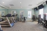 Located at 126 Monthaven Blvd in Hendersonville, Tennessee, this single-floor recreational facility offers a well-appointed fitness center and a dedicated racquetball court. The fitness area features soft blue walls accented by crisp white crown molding and trim, creating a clean, energizing atmosphere. Neutral carpet tiles cover the floor throughout the gym, which is equipped with a variety of cardio machines including treadmills and stair climbers, as well as a cable crossover strength training station, a dumbbell rack, and additional resistance machines. Wall-mounted televisions provide entertainment during workouts, and natural light streams in through multiple windows fitted with blinds. Recessed lighting and French-style glass doors add a polished architectural touch to the space. Adjacent to the fitness area, the full-sized racquetball court features a classic hardwood maple floor with regulation red court lines, soaring high ceilings, and bright overhead panel lighting. The court's stark white walls maximize light reflection, and a glass wall with a door connects the court directly to the fitness room, allowing easy access between the two spaces. Together, these areas provide a comprehensive and well-maintained environment for both cardio, strength, and court-sport activities.