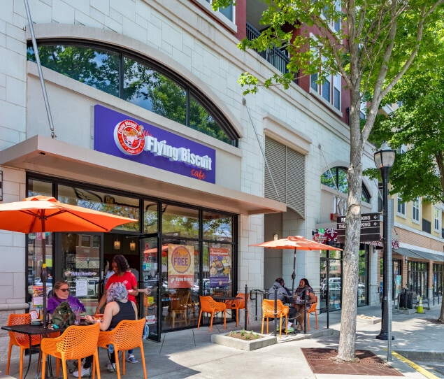 Sidewalk cafe in a mixed-use development