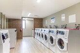 Located at 120 Old Carriage Dr in Kitchener, Ontario, this shared laundry facility is a well-organized and efficiently designed space built to serve a multi-unit residential building. The room features a generous open layout with light wood-style flooring and neutral grey walls that create a clean, modern aesthetic. Overhead fluorescent lighting ensures the space is well-lit throughout.

A prominent row of front-loading washing machines lines one wall, each equipped with digital controls and individual water supply connections, providing ample capacity for residents. Opposite, a set of top-loading dryers offers additional laundry options. An exposed brick accent wall adds a touch of character to an otherwise utilitarian space, framing a window that allows natural light to filter in.

The facility is thoughtfully equipped with practical amenities, including a utility sink, a keypad-controlled access point, posted usage instructions, and a fire extinguisher for safety compliance. A clearly marked emergency exit and a dedicated electrical room door indicate the space meets building safety standards. The overall layout allows for comfortable movement between machines, making the laundry process efficient and straightforward for residents of this Kitchener community.
