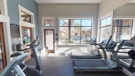 Located at 8401 Medlock Dr in Fort Worth, TX, this single-story fitness center is thoughtfully designed to support a well-rounded workout experience. The space is characterized by soaring ceilings and an abundance of natural light, delivered through large multi-pane windows and transom windows positioned high on the walls. These expansive windows frame views of the outdoor pool area and surrounding landscaping, creating an airy, motivating atmosphere throughout.

The cardio zone is well-appointed with multiple TRUE brand treadmills and a selection of elliptical trainers, all arranged to take advantage of the natural light and pool views. A full-wall mirror visually expands the space and allows users to monitor their form during workouts. The strength training area features a complete dumbbell rack with a wide range of weights, a cable machine, rowing equipment, and stationary bikes, providing options for both resistance and low-impact training.

Wall-mounted flat-screen televisions are positioned for easy viewing from multiple equipment stations. The interior walls are painted in a cool blue-gray palette with crisp white trim, lending a clean and modern aesthetic. A glass-paneled wood door connects the fitness center to an adjacent space, visible in the images as a business or amenity center. Durable dark flooring runs throughout, practical for high-traffic athletic use.