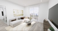 This 700-square-foot, 2-bedroom, 1-bathroom apartment is thoughtfully designed with a modern aesthetic, featuring light wood-style flooring and crisp white walls throughout. The bright living room serves as the heart of the unit, centered around a large sliding glass door that opens to a private balcony offering sweeping city skyline views. Recessed lighting enhances the airy atmosphere of the space. The galley-style kitchen is efficiently laid out with white shaker cabinetry, white quartz countertops, stainless steel appliances including a range and over-the-range microwave, and a double-basin sink. The primary bedroom measures 250 square feet and features a large mirrored sliding closet, a window with city views, and recessed lighting. The second bedroom is equally well-appointed, also with a mirrored closet and a window overlooking the cityscape. The shared bathroom offers a full tub-shower combination with white subway tile surround, a white vanity with marble-style countertop, a framed mirror, and wood-look tile flooring. This unit delivers a cohesive, contemporary living environment with functional layouts and abundant natural light.