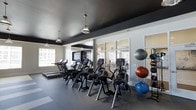 This modern fitness center offers a well-appointed workout environment designed to support a full range of exercise routines. The space features a striking dark ceiling that contrasts sharply with light-toned walls, creating a sleek, energetic ambiance. Pendant lighting with glass shades hangs from above, complementing the natural light that pours in through large windows along multiple walls, keeping the space bright and inviting. A row of cardio machines — including ellipticals, stair climbers, and treadmills — lines the floor, all positioned to take advantage of the natural light and outside views. Full-length mirrors along one wall visually expand the space and allow users to monitor their form during workouts. To one side, a well-organized rack holds a variety of exercise balls in multiple sizes, providing options for strength and balance training. The flooring is finished in a durable, rubberized material suited for high-traffic fitness use. A mounted flat-screen television is also visible, adding an entertainment option for those engaging in longer cardio sessions. Overall, the fitness center combines functional design with a contemporary aesthetic, providing a motivating and comfortable environment for daily exercise.