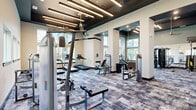 Located at 4114 FM 2920 Road in Spring, Texas, this modern fitness center offers a generously sized, single-floor layout designed to support a full range of workout routines. The space features soaring ceilings with a striking tray detail finished in a deep charcoal tone, complemented by sleek linear pendant lighting that creates a contemporary, energizing atmosphere throughout.

The fitness center is divided into distinct functional zones. The cardio area is positioned near a large floor-to-ceiling window wall, flooding the space with natural light and providing open views of the surrounding community. Treadmills, elliptical trainers, stair climbers, and rowing machines are well-arranged to maximize usability. The strength training zone houses a comprehensive selection of cable and resistance machines, along with multi-function cable towers branded by TKO, free weights, a dumbbell rack, and wall-mounted mirrors that visually expand the space.

A dedicated functional training area includes a heavy bag station, a large tire for strength conditioning, battle rope attachments, and a wall-mounted storage rack for medicine balls, reflecting a commitment to diverse training modalities. Durable, textured carpet tile in neutral blue-grey tones covers the floor throughout, and glass double doors provide easy access. The overall design balances an open, airy feel with a focused, high-performance environment.