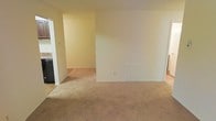 This single-floor space presents a straightforward, functional layout with a clean and neutral aesthetic. The main living area is finished with wall-to-wall beige carpeting, providing a warm and understated foundation that complements the soft, cream-colored walls throughout. The space is open and simply appointed, with standard ceiling height and a modest access panel visible along the lower wall, suggesting utility infrastructure within.

An open passageway connects the living area directly to the kitchen, which is partially visible from the main room. The kitchen features hard flooring — a practical contrast to the carpeted living space — along with dark cabinetry and what appears to be a dishwasher or similarly dark appliance, offering a glimpse of the functional amenities available. The transition between rooms is clearly defined by the flooring change, providing a natural visual boundary between the two areas.

Overall, the space maintains a minimal, move-in-ready character with a neutral palette that offers flexibility for a variety of furnishing styles. The single-floor layout promotes ease of accessibility and a cohesive flow between the living and kitchen areas.