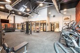 This fitness center offers a thoughtfully designed, single-floor layout that accommodates a wide range of workout needs. The space is defined by soaring ceilings with exposed ductwork and industrial-style pendant lighting, lending it a modern, warehouse-inspired aesthetic. A striking geometric accent wall clad in warm terracotta-toned panels serves as a bold visual focal point throughout the main exercise area.

The cardio zone lines one side of the open floor plan, equipped with a row of Matrix treadmills, ellipticals, and stair climbers. A large window at the end of this section invites natural light and outdoor views, enhancing the sense of openness. Adjacent to the cardio area, a dedicated strength training zone features TKO cable machines, a power rack, adjustable benches, and a full dumbbell rack displayed in front of large wall-mounted mirrors, allowing users to monitor their form. Medicine balls and stability equipment round out the free weights section.

A separate studio room is enclosed by floor-to-ceiling glass partition walls with decorative hexagonal frosted film, providing both visual transparency and privacy. The studio features light wood flooring and recessed lighting, making it well-suited for group fitness or yoga classes. Wall-mounted artwork and thoughtful detailing throughout give the space a polished, professional character.