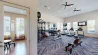 This fitness center offers a comprehensive, well-appointed workout environment designed to accommodate a variety of exercise routines. The space features vaulted ceilings with dual ceiling fans that promote air circulation, contributing to a comfortable atmosphere during workouts. Large windows fitted with white blinds line the walls, allowing abundant natural light to fill the room while providing views of the surrounding outdoor environment.

The flooring throughout consists of a distinctive herringbone-patterned carpet in muted blue and gray tones, adding a polished aesthetic to the functional space. Full-length wall mirrors expand the sense of space and allow users to monitor their form during exercise. The cardio zone is well-stocked with multiple treadmills and a stationary bike, each positioned near windows, along with wall-mounted flat-screen televisions for entertainment.

The strength training area includes a multi-functional cable machine, a squat rack with bench, a rowing machine, and a tiered dumbbell rack with a full set of free weights. Stability balls and additional accessories are also available. Near the entrance, a neatly organized built-in shelving unit stocks rolled towels and blue water bottles, accompanied by a small refreshment counter, ensuring convenience for users throughout their visit.