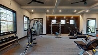This single-floor fitness center is thoughtfully designed to support a full range of workout routines in a modern, welcoming environment. The space is defined by its clean architectural lines, coffered ceiling details, and recessed lighting complemented by ceiling fans that ensure comfortable airflow throughout. Neutral-toned carpeted flooring extends across the entire area, providing a practical yet polished foundation.

The strength training zone is well-stocked with cable machines, multi-functional cable crossover units, adjustable benches, a dumbbell rack, and free weights, offering options for both beginners and experienced athletes. Large wall-mounted mirrors in this section enhance the sense of space while allowing users to monitor their form during exercises.

The cardio area is equally impressive, featuring treadmills, stair climbers, and a dedicated row of stationary cycling bikes positioned in front of a richly finished dark wood accent wall. The cycling area benefits from ambient LED lighting, adding a focused, energetic atmosphere.

Natural light filters in through multiple dark-trimmed windows positioned along the perimeter walls, with views of greenery and the surrounding outdoor environment. Decorative artwork and a sleek dark cabinetry unit add refined touches to the overall design, making this fitness center as visually appealing as it is functional.