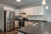 This well-designed single-floor unit features a contemporary open-concept layout that seamlessly connects the kitchen and living area. The kitchen is outfitted with light wood cabinetry, dark countertops, a peninsula with a double sink, pendant lighting, and a full suite of stainless steel appliances including a gas range, dishwasher, and refrigerator. Wood-look flooring runs throughout the main living spaces, adding warmth and continuity to the interior.

The living area benefits from natural light through large windows and is equipped with a ceiling fan for added comfort. Multiple bedrooms are carpeted and feature large windows that invite natural light and outdoor views of surrounding trees and streetscapes. One bedroom stands out with a trio of windows and its own ceiling fan, creating a bright and airy atmosphere.

The unit includes two bathrooms, both finished with light wood vanities, white countertops, and wood-look flooring. One bathroom is fully ADA-accessible, equipped with grab bars near the toilet and a roll-in shower with a handheld showerhead, ensuring functionality and ease of use. The overall design is clean and modern, with a neutral color palette that lends a calm, welcoming ambiance throughout the space.