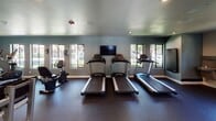 Located at 10757 Lemon Ave in Rancho Cucamonga, California, this well-equipped fitness center offers a comprehensive workout environment designed to accommodate a wide range of exercise routines. The single-floor facility is finished with durable rubber flooring throughout, providing a safe and cushioned surface ideal for both cardio and strength training activities.

The cardio area is lined with a row of Spirit-brand treadmills and elliptical machines, positioned to face large windows that look out onto lush, tree-lined surroundings, creating an energizing atmosphere during workouts. Multiple flat-screen televisions are mounted on the walls, keeping users entertained throughout their sessions.

The strength training section features a tiered dumbbell rack stocked with a full range of free weights, accompanied by adjustable weight benches for versatile lifting exercises. A cable resistance machine and additional selectorized strength equipment round out the selection, supporting full-body training. Full-length wall mirrors reflect the space, enhancing the open feel of the room and aiding in proper form during exercises.

Recessed lighting illuminates the interior evenly, while the soft blue-gray walls contribute to a calm, focused ambiance. Glass-panel doors provide an elegant entry point into the facility, adding a polished, modern touch to the overall design.