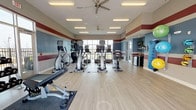 The fitness center at Spring At Hamburg is a spacious, single-floor facility designed to support a wide range of workout routines. The room features light wood-tone flooring throughout, lending a clean and modern aesthetic that complements the bold decorative stripe pattern — alternating bands of deep red, slate blue, and neutral beige — running along the upper walls. Ceiling fans and recessed fluorescent lighting provide consistent illumination, while large windows and full-height glass garage-style doors along multiple walls flood the space with natural light and offer views of the surrounding community.

The cardio section is well-stocked with Matrix-brand treadmills, elliptical trainers, stair climbers, and a spin bike, each equipped with individual display screens. A dedicated free weight area includes a tiered rack of dumbbells and kettlebells in varying weights, accompanied by a workout bench and wall-mounted mirrors that enhance the sense of depth and allow for form monitoring. Along one wall, a station offers stability balls in multiple sizes, resistance bands, and additional accessories for stretching and functional training. The open floor plan provides ample space for floor exercises, and direct access to an outdoor area is available through the glass garage door.