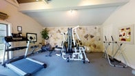 This single-level fitness space is thoughtfully designed to support a comprehensive exercise routine. The room's most distinctive architectural feature is the large, natural stone accent wall that spans the background, composed of irregularly shaped stones in warm beige and tan tones, lending the space a unique and inviting character. The ceiling is smooth and white with angled sections that add dimension to the room, and recessed and track lighting ensures the space is well-lit throughout. The flooring consists of durable, low-pile carpet suited for gym use. The room is outfitted with a variety of exercise equipment, including a multi-station cable and weight machine as the centerpiece, a treadmill, a stationary exercise bike, a dedicated dumbbell rack with free weights, and a stability ball. A framed artwork piece on the side wall and a decorative indoor plant add warmth and personality to the otherwise functional environment. A door provides access to an adjacent area, contributing to the overall flow of the space. The combination of practical equipment, architectural detail, and thoughtful touches makes this fitness room both highly functional and visually appealing.