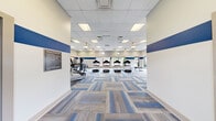 This fitness center occupies a single, open floor and is thoughtfully designed to accommodate a range of exercise activities. The space is defined by a clean, modern aesthetic, with white walls accented by a bold blue horizontal stripe that runs continuously throughout, lending a cohesive and energetic visual identity to the interior.

Flooring throughout consists of patterned carpet tiles in interlocking shades of blue, grey, and tan, adding texture and visual interest underfoot while providing cushioning for workout use. The drop-tile ceiling is equipped with recessed fluorescent lighting panels that ensure bright, even illumination across the entire floor.

The main exercise area features a row of treadmills and elliptical machines positioned along the windowed wall, offering views of outdoor greenery. Multiple large windows and glass entry doors bring in abundant natural light, contributing to an open and airy atmosphere. Ceiling fans are installed overhead, enhancing air circulation throughout the space.

A dedicated free-weight area includes a tiered dumbbell rack and a flat workout bench, supported by wall-mounted flat-screen televisions for entertainment during exercise. A posted fitness center rules board near the entrance provides usage guidelines. Multiple entry and exit points, including glass-panel doors, offer convenient access throughout.